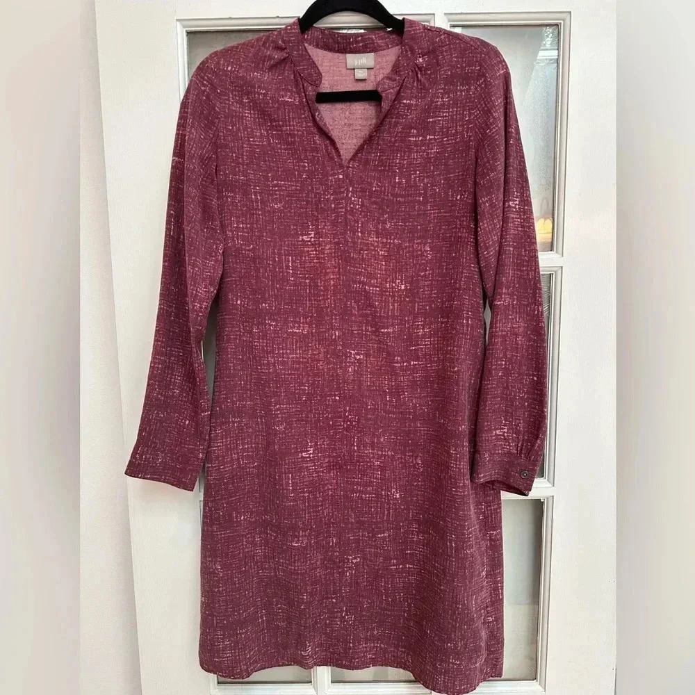 J. Jill Burgundy & Cream Shift Dress 100% Silk Knee Length Long Sleeve Size XS - Picture 11 of 11